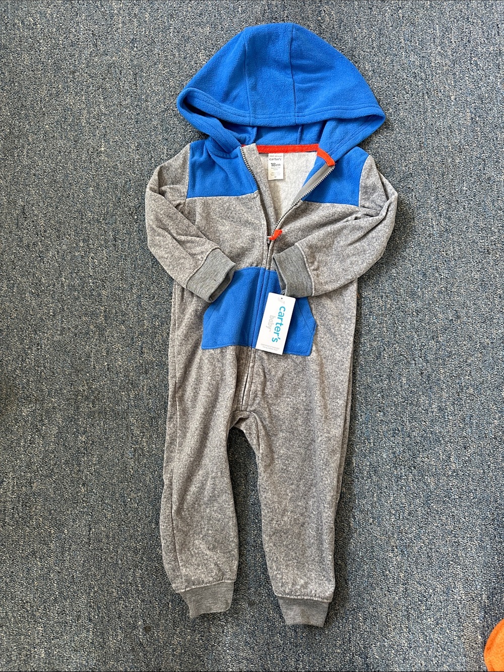 NWT Carters Fleece One Piece Grey/Gray & Blue Hooded